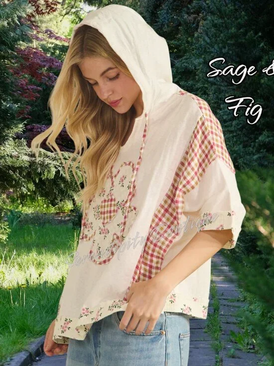 Sage & Fig 100% Soft Cotton Gauze Daisy Plaid Patchwork Boho Girly Hoodie Top - Picture 3 of 11